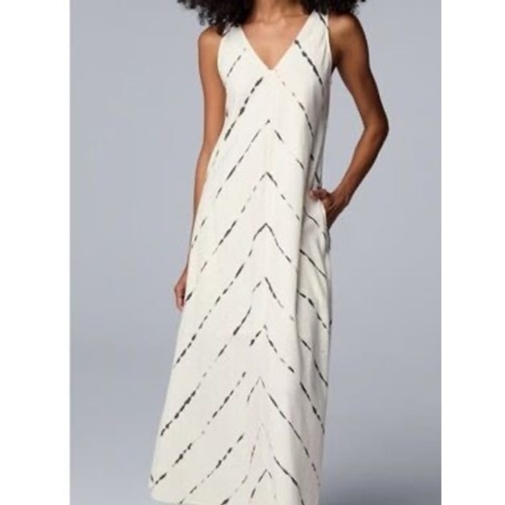 Simply Vera Vera Wang Linen Blend Tie Dye Chevron Maxi Dress Cream Black XXL d5